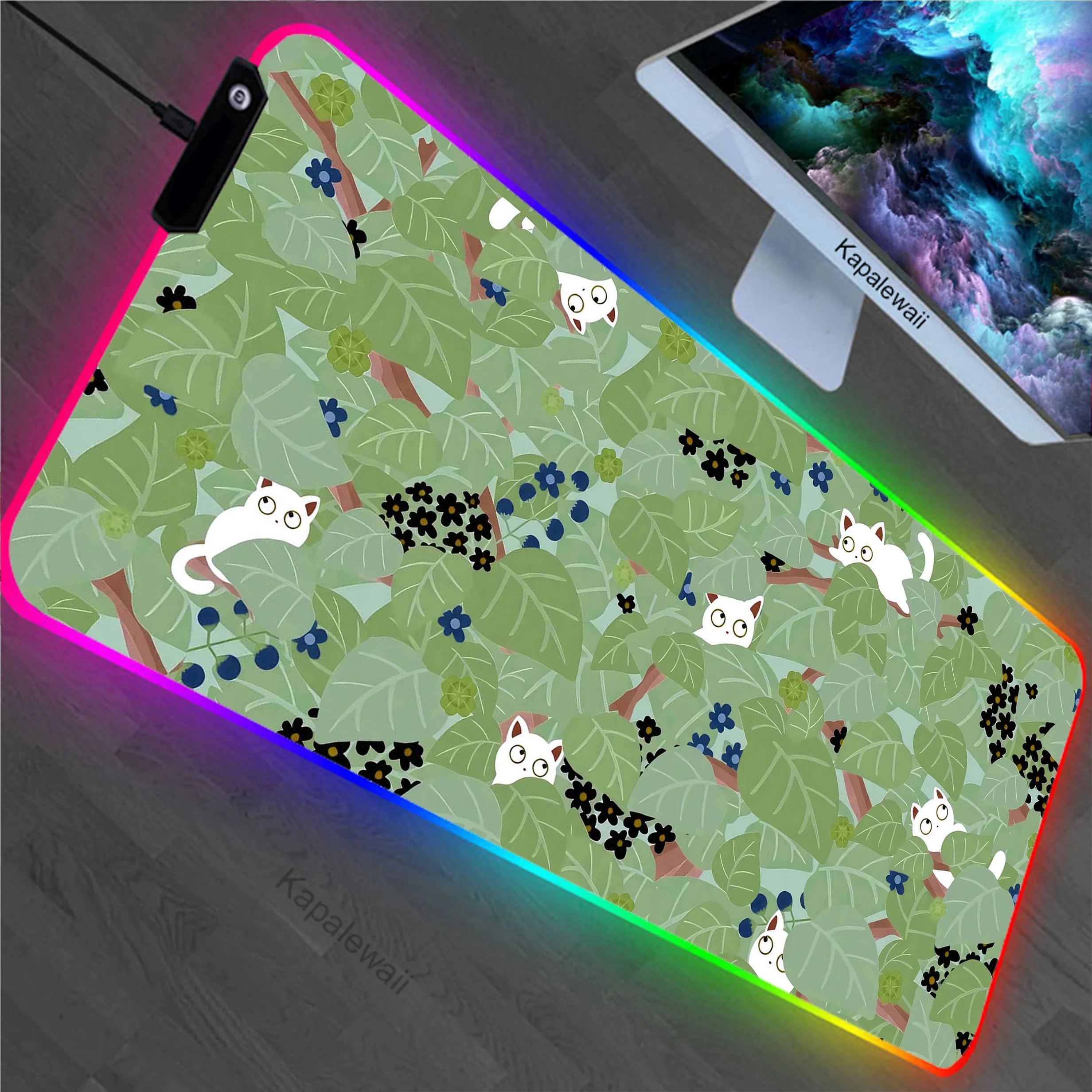 Cat Plant RGB LED XXL Mouse Pad 900x400mm Mousepad Mechanical Keyboard Gamer Desk Mice Computer Peripherals Notebook Office Mat