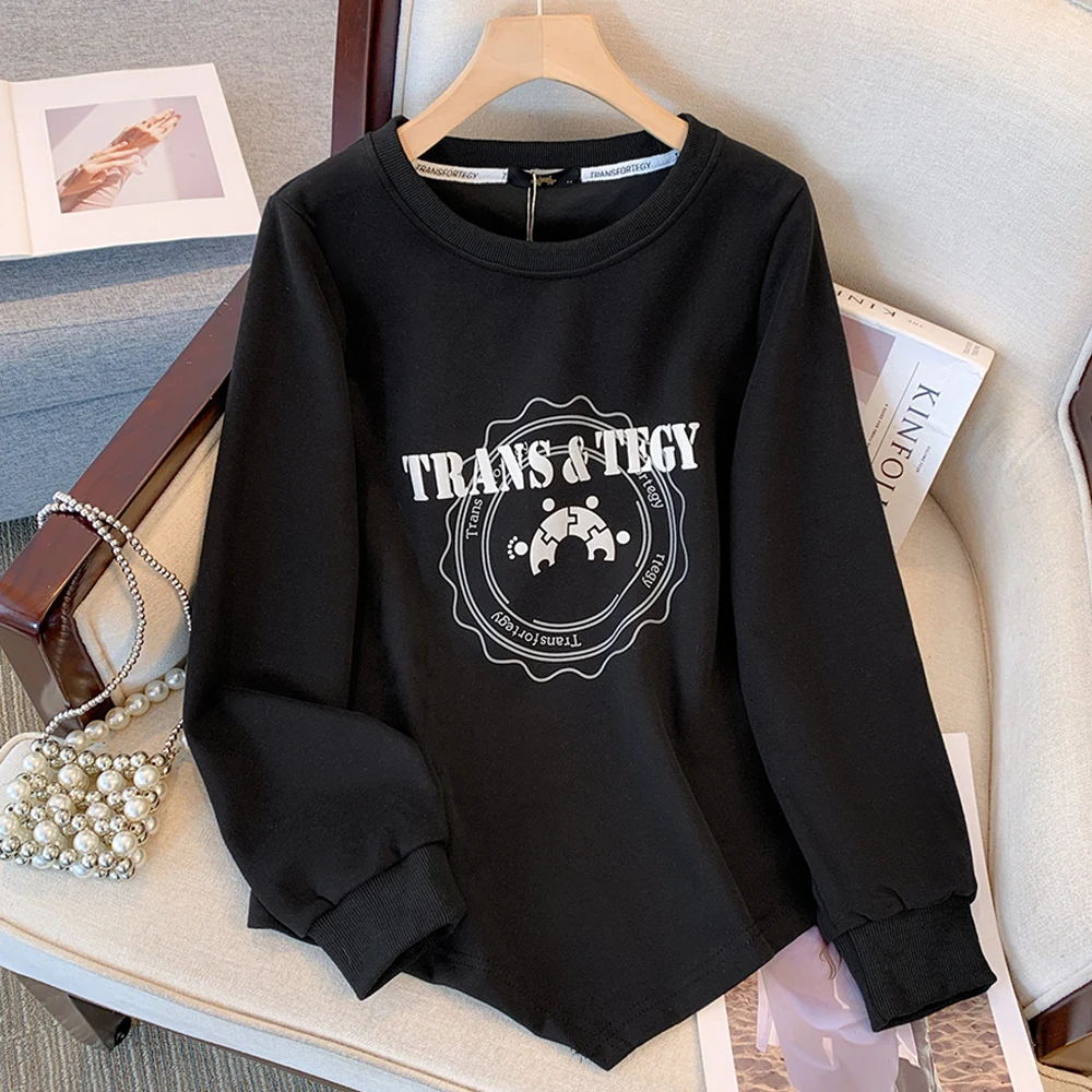 Plus-size women's spring and autumn black casual top long sleeve T-shirt loose irregular sweatshirt 2024 new clothing large