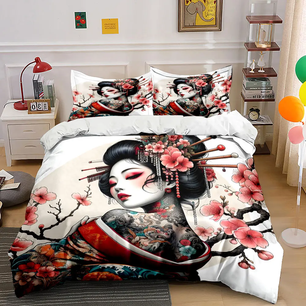 Geisha with tattoo and cherry blossoms Printed Duvet Cover Set1 Duvet Cover+2 Pillowcase Multi Size Bedroom Bedding Decor