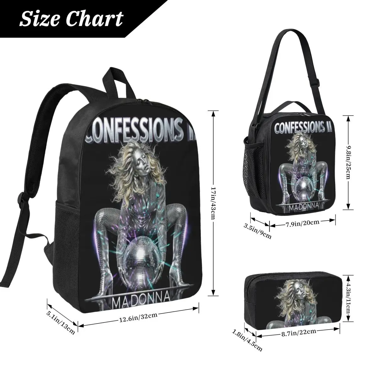 3Pcs Madonnas Confessions II 2026 Backpack Set for Children Pen Bags Bookbag Sets with Lunch Box For School Students Daypack