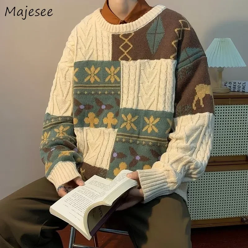 

Пуловеры мужские с жаккардовым принтом и круглым вырезом молодежный более толстый американский стиль винтажный вязаный свитер с длинными рукавами модный осень-зима