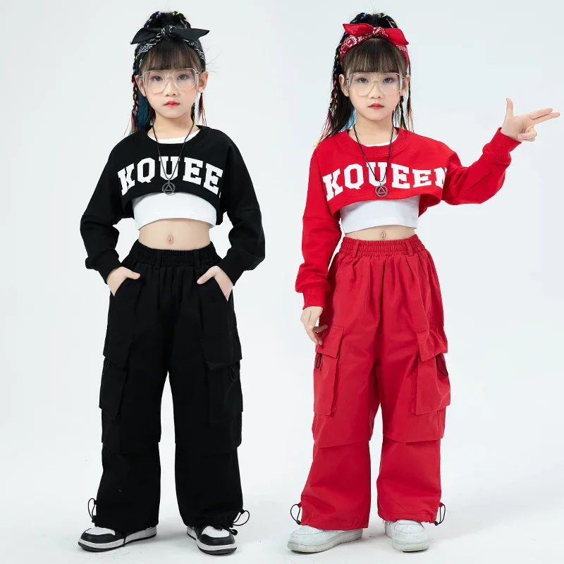 

Girls Hip Hop Crop Tops Cargo Pant Clothes Sets Kids Children Streetwear Sport Sweatshirt Outfit Teen Jazz Street Dance Costumes