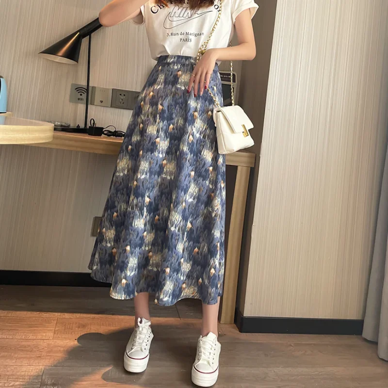 Skirts Women Vintage Painting Summer Designed Graceful Aesthetic A-line European Style Prairie Chic High Waist Midi Faldas Sweet