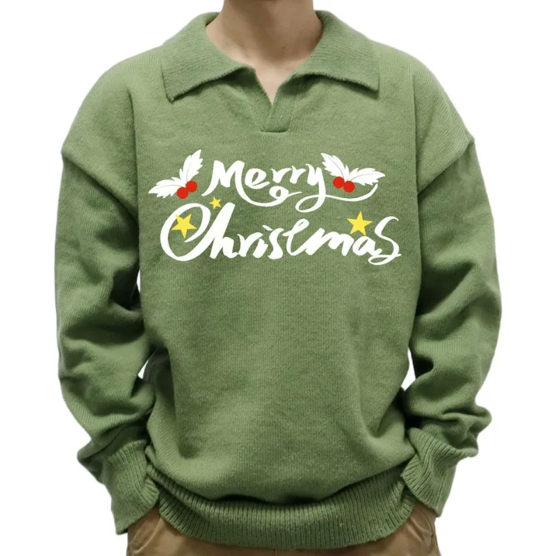 Men's Christmas Hot Paint Casual Knitwear Autumn and Winter Lapel Pullover Sweater Men's and Women's Lovers