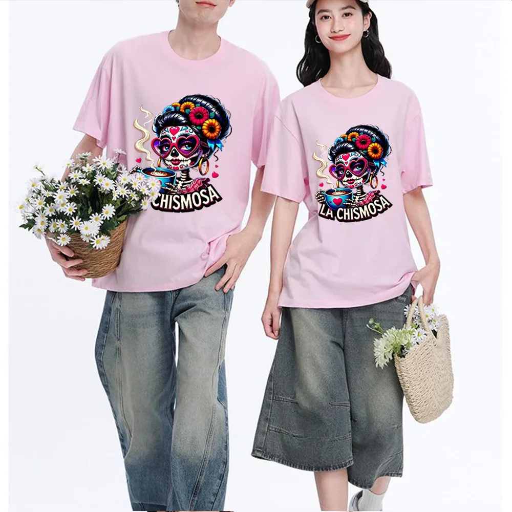 La Chismosa Sugar Skull With Coffee Cup Graphic Printed T Shirt Breathable Fabric S-XXL Personalized Custom T Shirt Casual Short