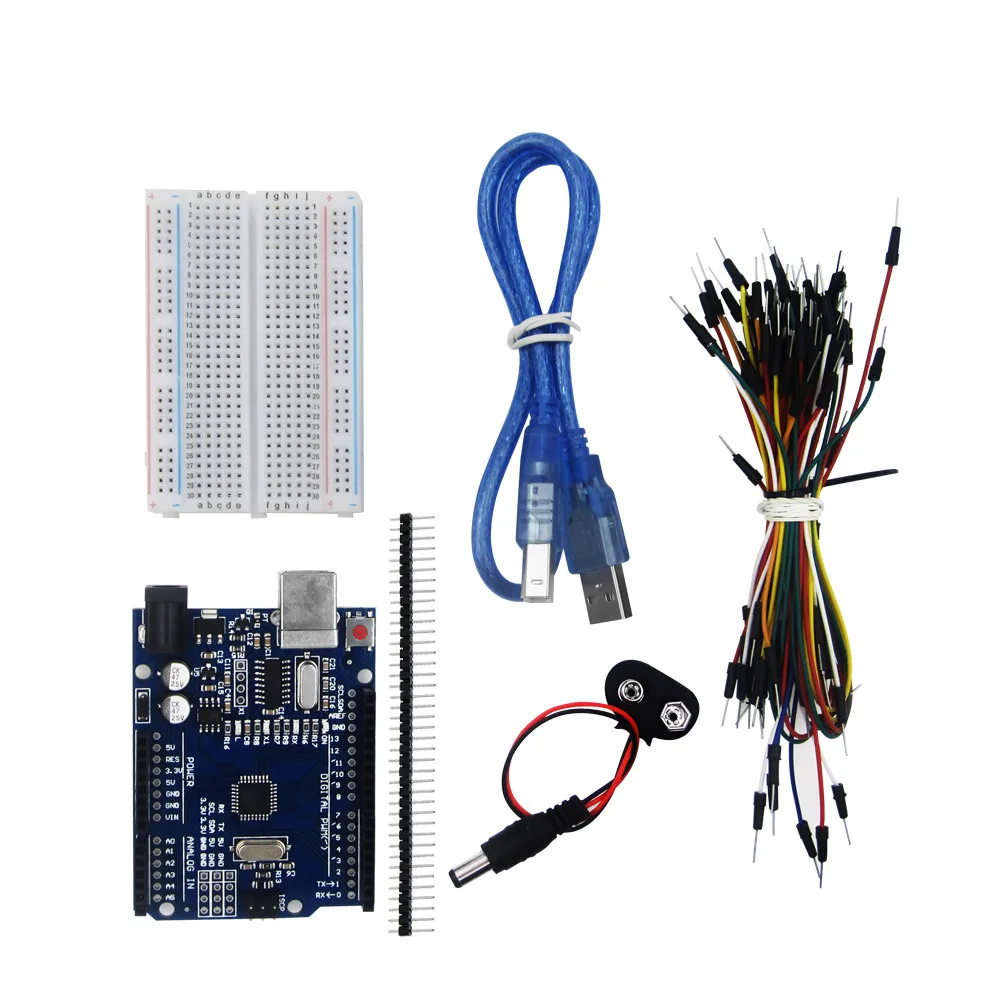 مجموعة المبتدئين لـ Uno R3 - حزمة من 5 عناصر: Uno R3، اللوح، أسلاك توصيل، كابل USB وموصل بطارية 9 فولت