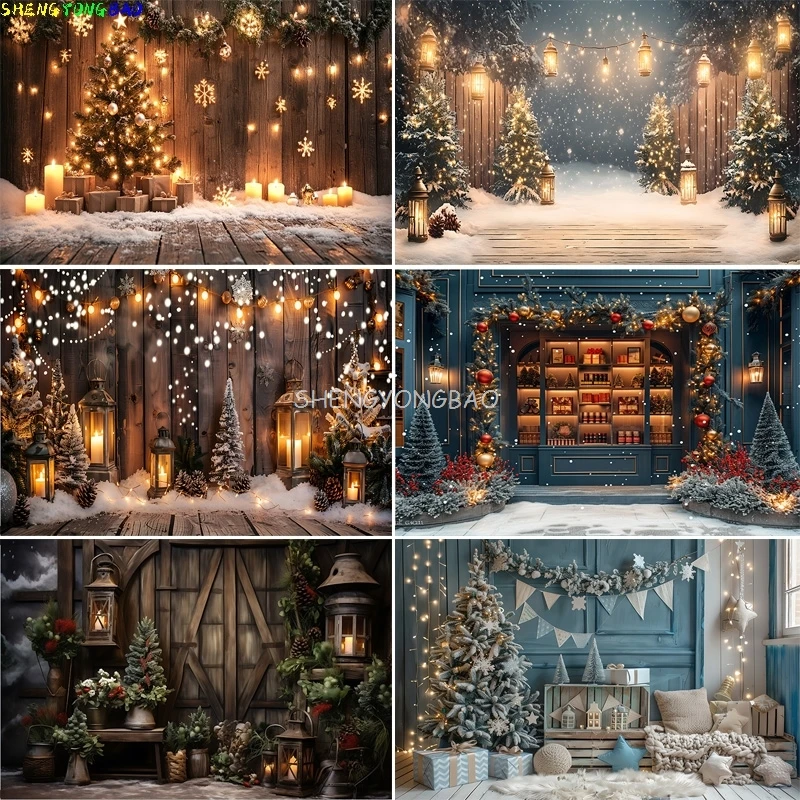 Christmas Day Pine Tree Gift Photography Backdrop Props Xmas Eve Party Decor Fireplace Window Family New Year Background HQ-02