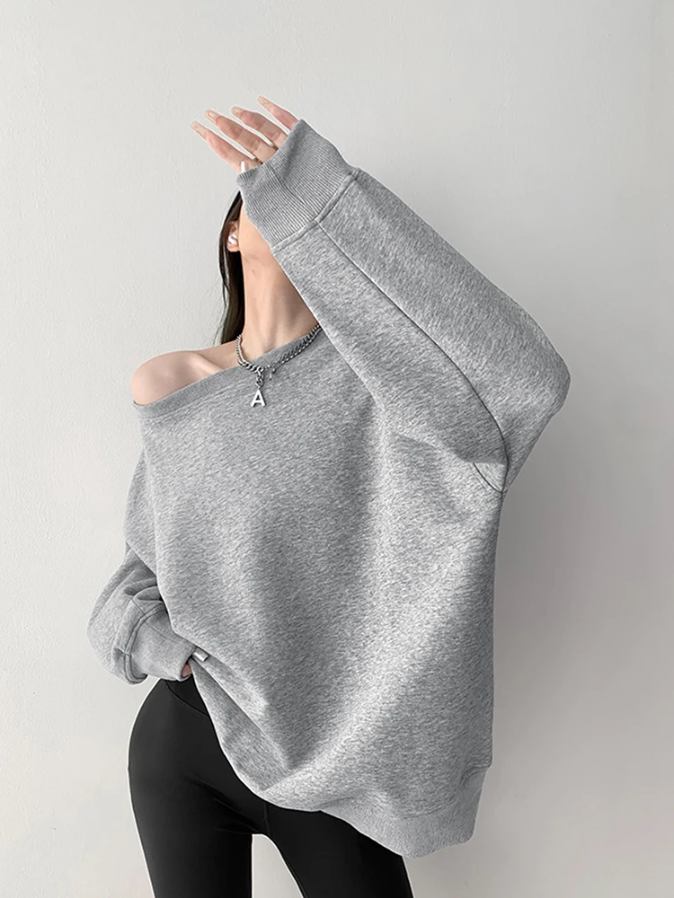 ملابس حريمي كاجوال كورية بلون سادة بدون أكتاف وأكمام طويلة بلوزات خريف وشتاء كل مباراة فضفاضة تي شيرت نسائي