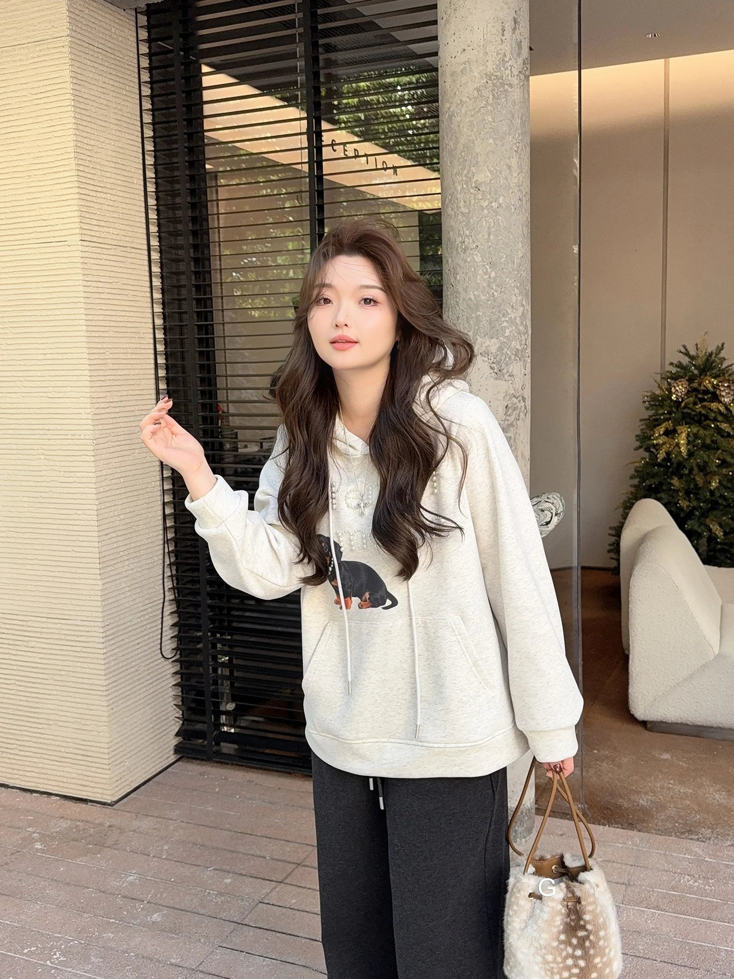 Felpa con cappuccio American Sle Loose Fit da donna, taglie forti, in misto cotone, con stampa Pearl Dog, top casual per donne curvy