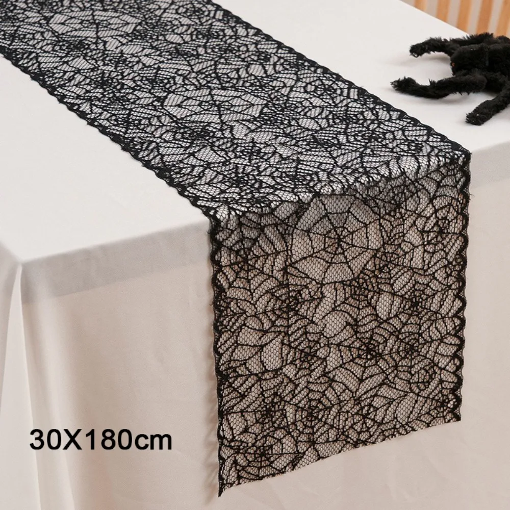 

Black Color Halloween Table Runner Long Length Gothic Style Black Lace Table Runner Lace Material Hollow Out Table Runner