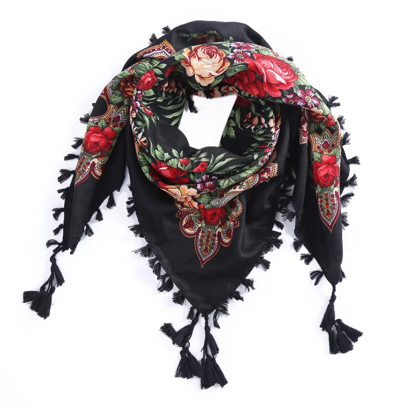 90*90CM Women Russian Style Peony Floral Printed Long Tassel Large Square Scarf Warm Wrap Traditional Ethnic Mexican Shawl