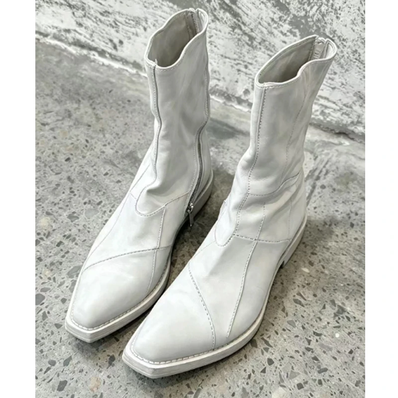 Men White Side Zipper Block Heel Ankle Boots Pointed Toe Vintage Stitched Western Cowboy Boots Streetwear Male Shoes Short Boots