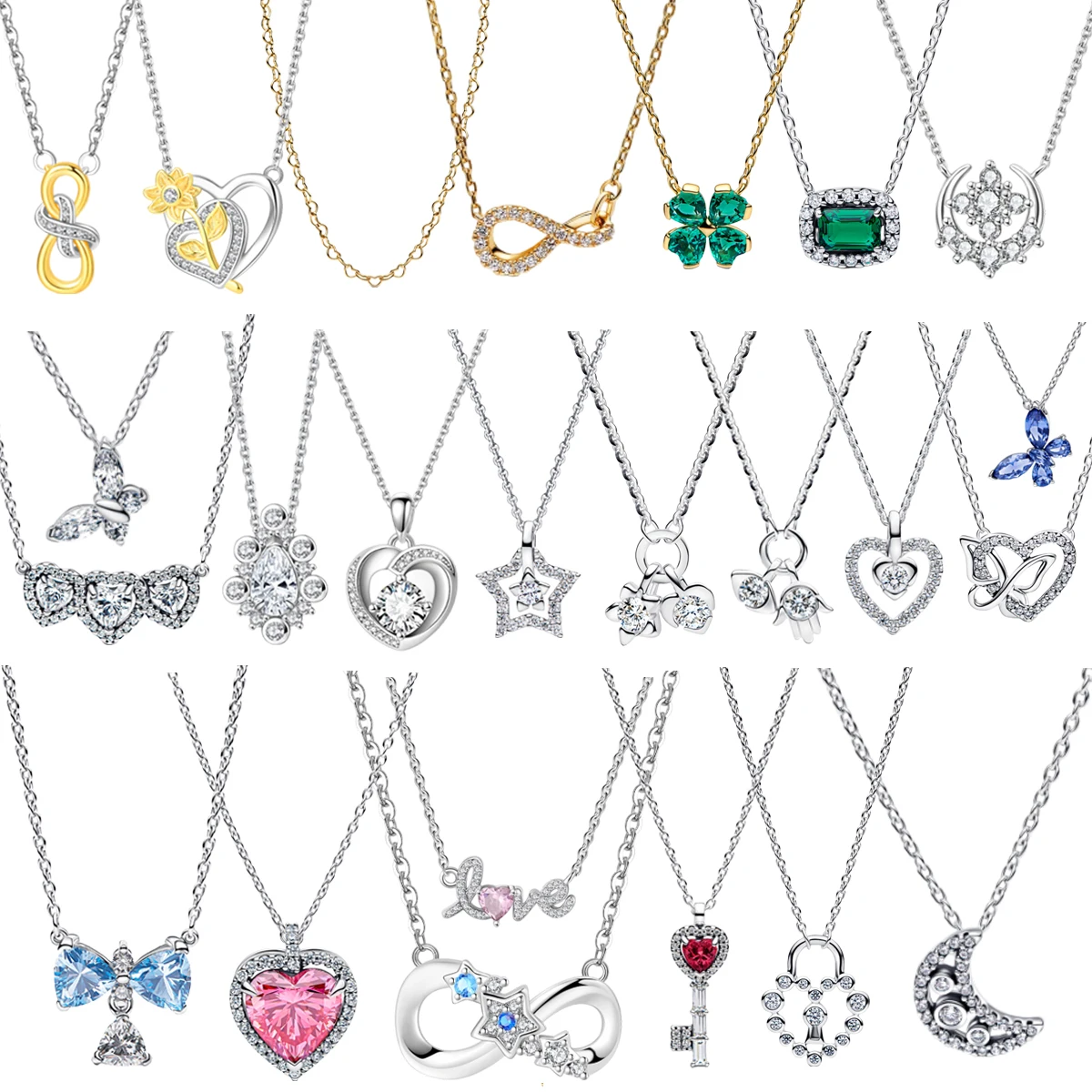 

New Original 925 Sterling Silver Four-Leaf Clover Butterfly Star Moon Heart Key Necklace fit Women Jewelry Valentine's Day Gift