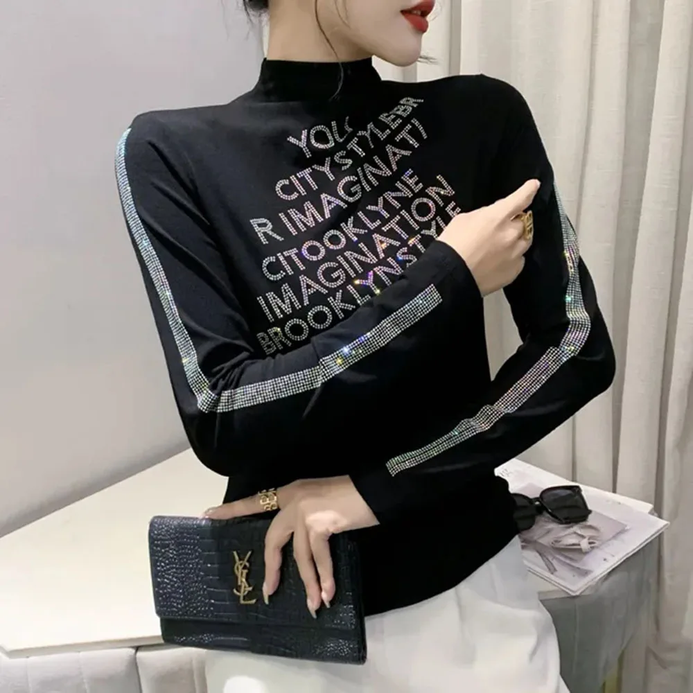 Fashion Diamonds Letter Turtleneck T-Shirt Female Clothing 2023 Autumn Winter Casual Oversize Pullovers Commuter Tee Shirt 4XL