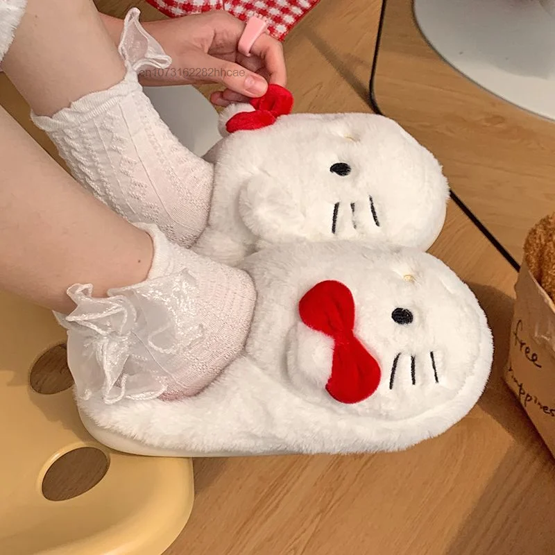 Sanrio Hello Kitty Plush Slippers For Women Fall Winter New Ins Cotton Slippers Anti Slip Indoor Kawaii Anime Fluffy Shoes Y2k