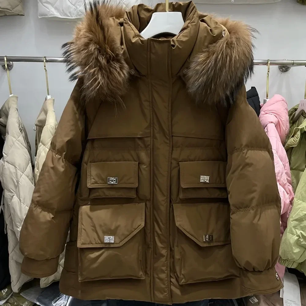 Down Jacket Women 2024 New Raccoon Fur Collar Loose Short Down Coat European Fashion Outerwear White Duck Winter Parka Jacket