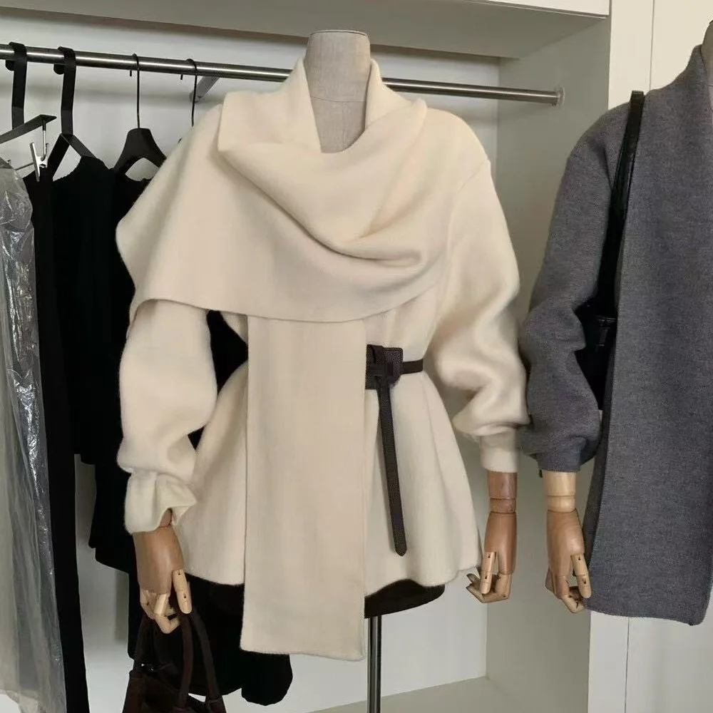 

Women's Knitted Sweater Scarf Collar Loose Slimming Belted Coat Top Autumn Winter Aosphere Feeling Long Sve Comfortable ...
