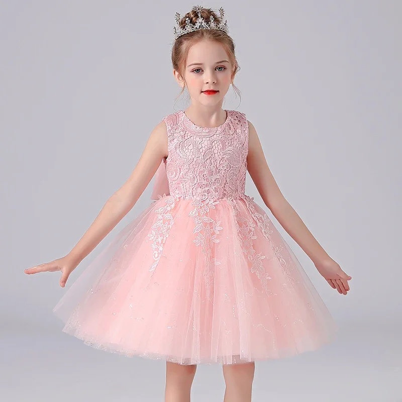 

Girls Dress For Kids Elegant Costumes Wedding Party Clothes Frock Flower Beading Gown Princess Summer Girls Short Dress