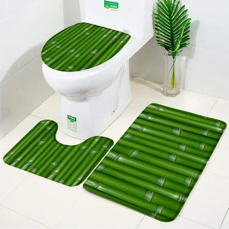 3PCs set bamboo bath mat Pebble leaves elegant flannel anti slip bathroom rugs carpet toilet lid cover bathroom accessories set