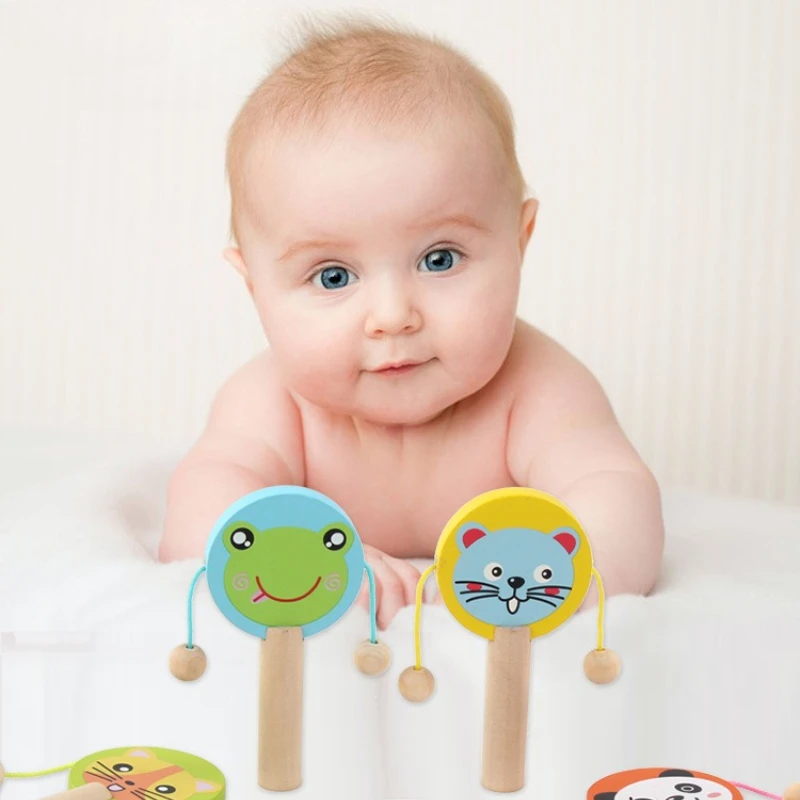 Sonajero de madera de dibujos animados para niños, mango de tambor, tablero de castañuelas para palmas, instrumento Musical para bebé, juguetes educativos para edades tempranas en edad preescolar