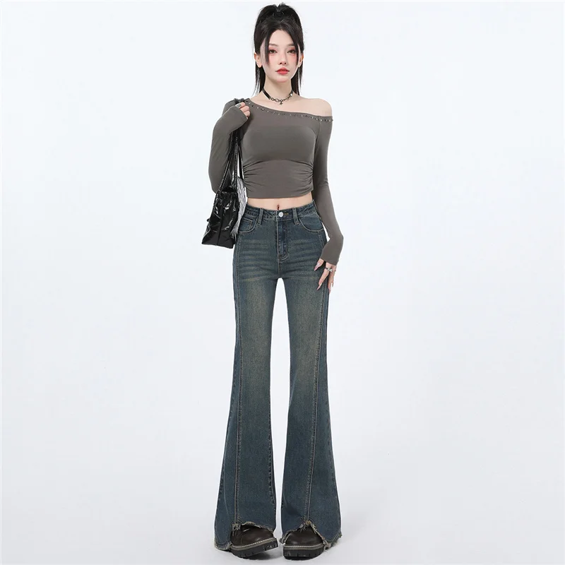 Skin Friendly Leisure Womens Straight Jeans Loose Straight Tube Vintage High Waist Elastic Flare Denim Trousers Fashion