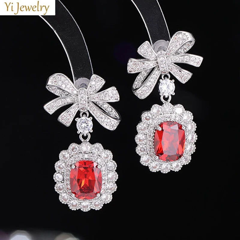 

Cute Bowknot Earrings for Women Luxury Jewelry Shiny Zircon Red Green White Block Drop Dangle Earrings Evening Party Wedding