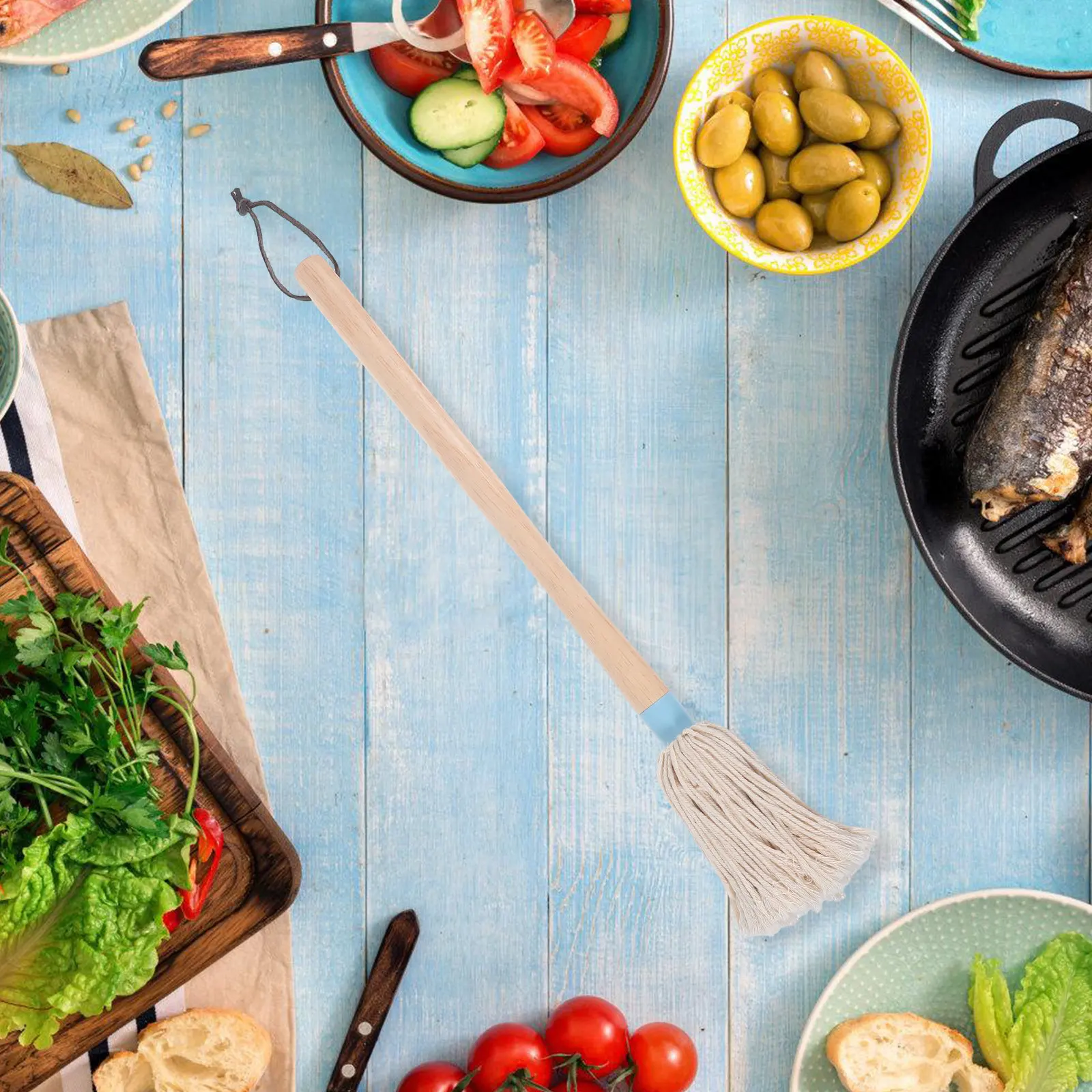 Bbq Sauce Basting Mop Brush Wood Handle Cotton Head for Cooking Oil Absorption Grilling Basting Mop Cleaning Brush
