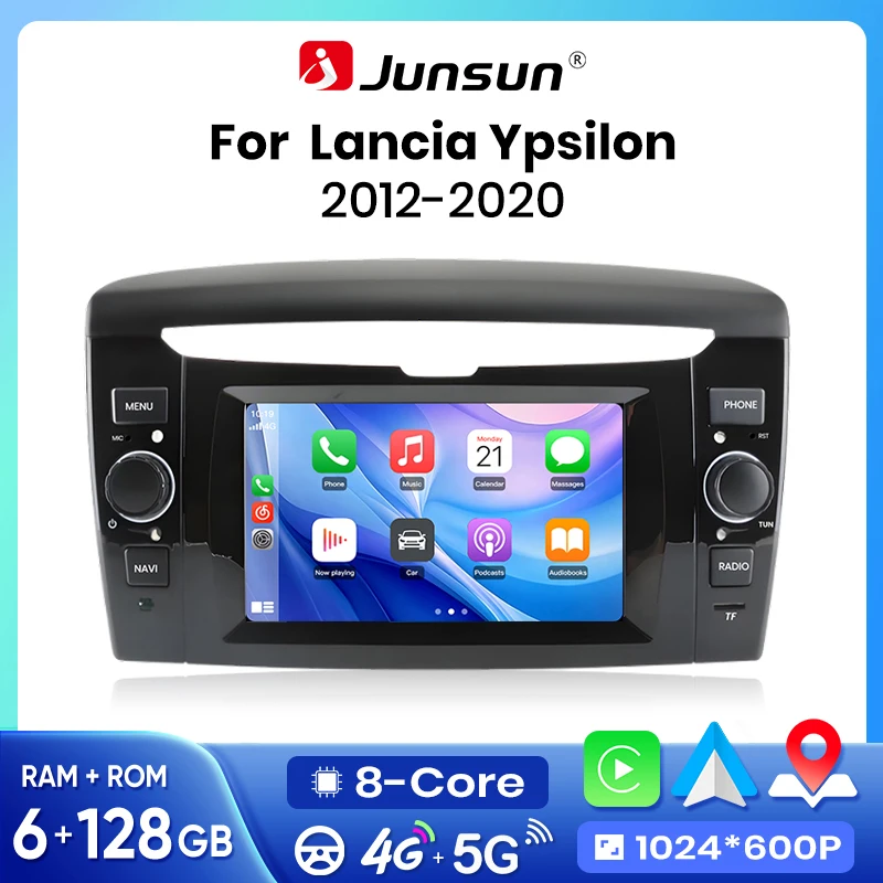 Autoradio Junsun Wireless CarPlay Android Auto pour Lancia Ypsilon 2012-2020 2 DIN, système multimédia stéréo avec ventilateur de refroidissement intégré, systèmes intelligents, écran tactile, lecteur vidéo, unité centrale, autoradio, navigation Bluetooth, GPS, 4G, WIFI, RDS, FM, SWC, DSP.