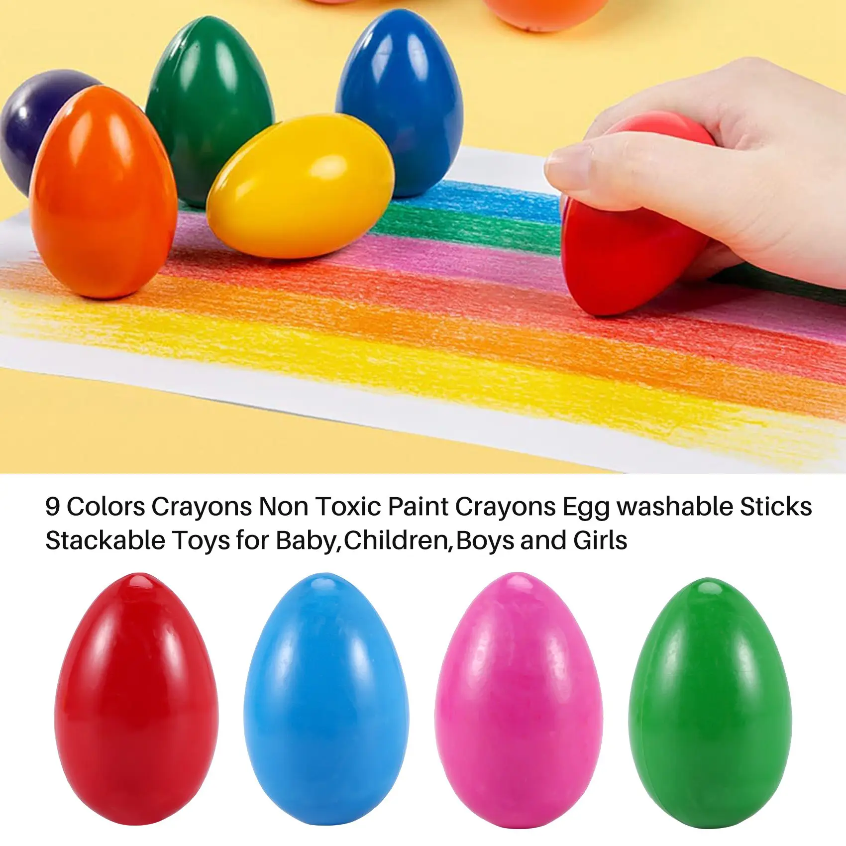 ¡Nuevo! Crayones para niños pequeños, crayones con agarre de palma para niños, crayones de 9 colores, crayones de pintura no tóxicos, palos lavables para huevos, juguetes apilables