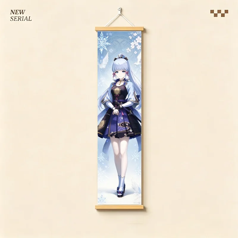 Hanging Scroll Wall Art of Genshin Impact Kamisato Ayaka with Blue Swirling Motifs on Silver Shimmer Canvas for an Anime Bedroom
