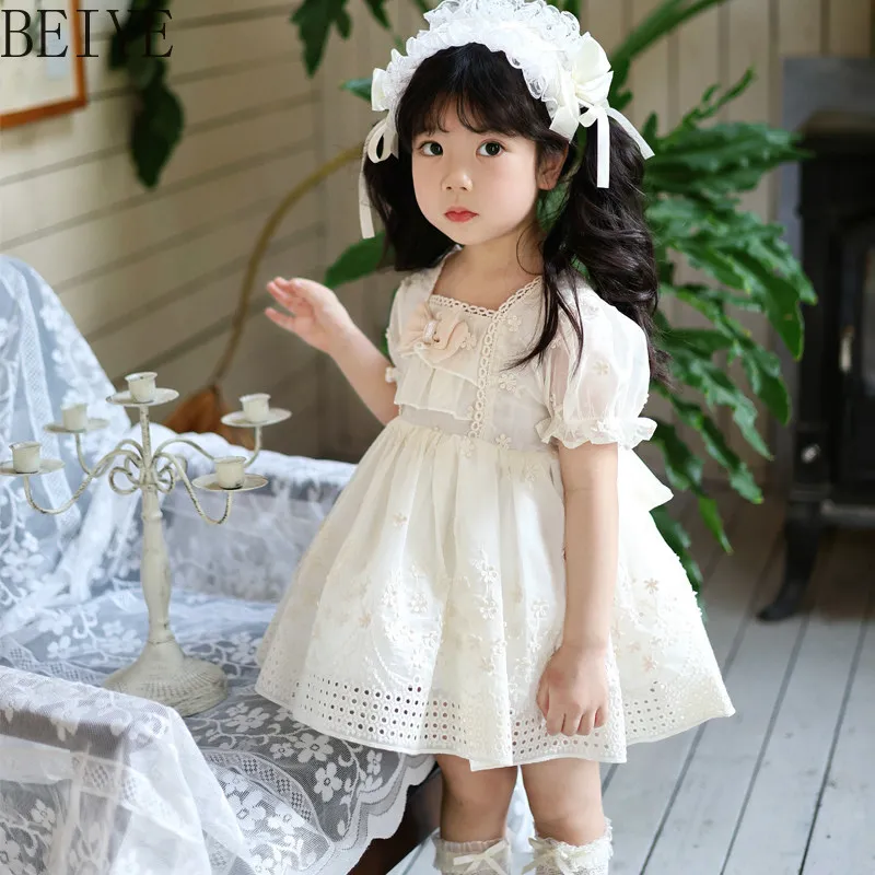 

Beige Lolita Style Princess Cute Dress Toddler Puff Sleeve Lace Dress Kids Sweet Bowknot Dress for Birthday and Daily Wear