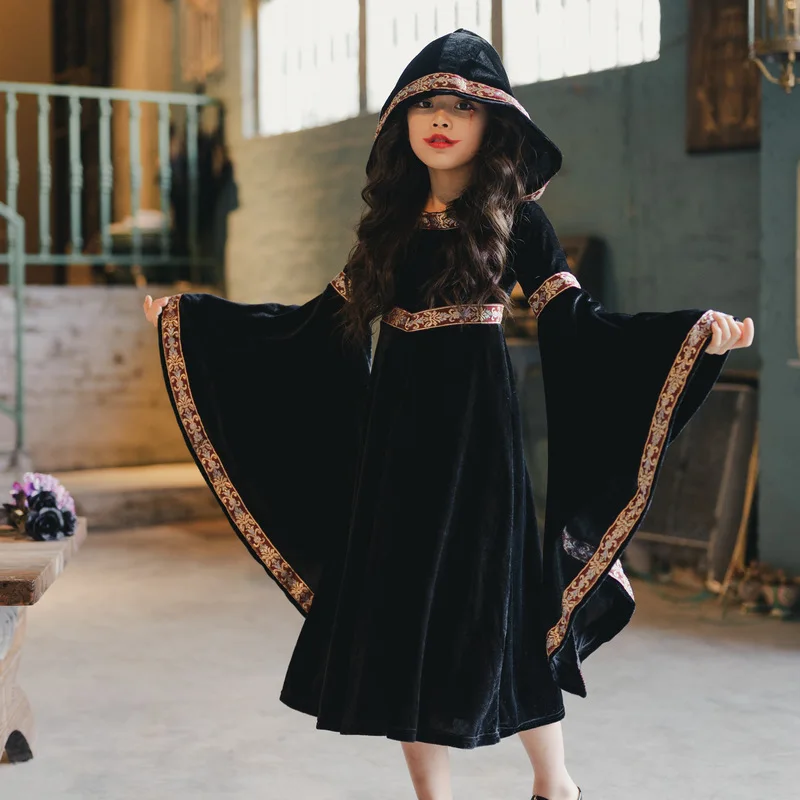 

Детские костюмы на Хэллоуин в стиле ретро, красная шапочка, европейское средневековое платье с длинными рукавами, вампирская ведьма