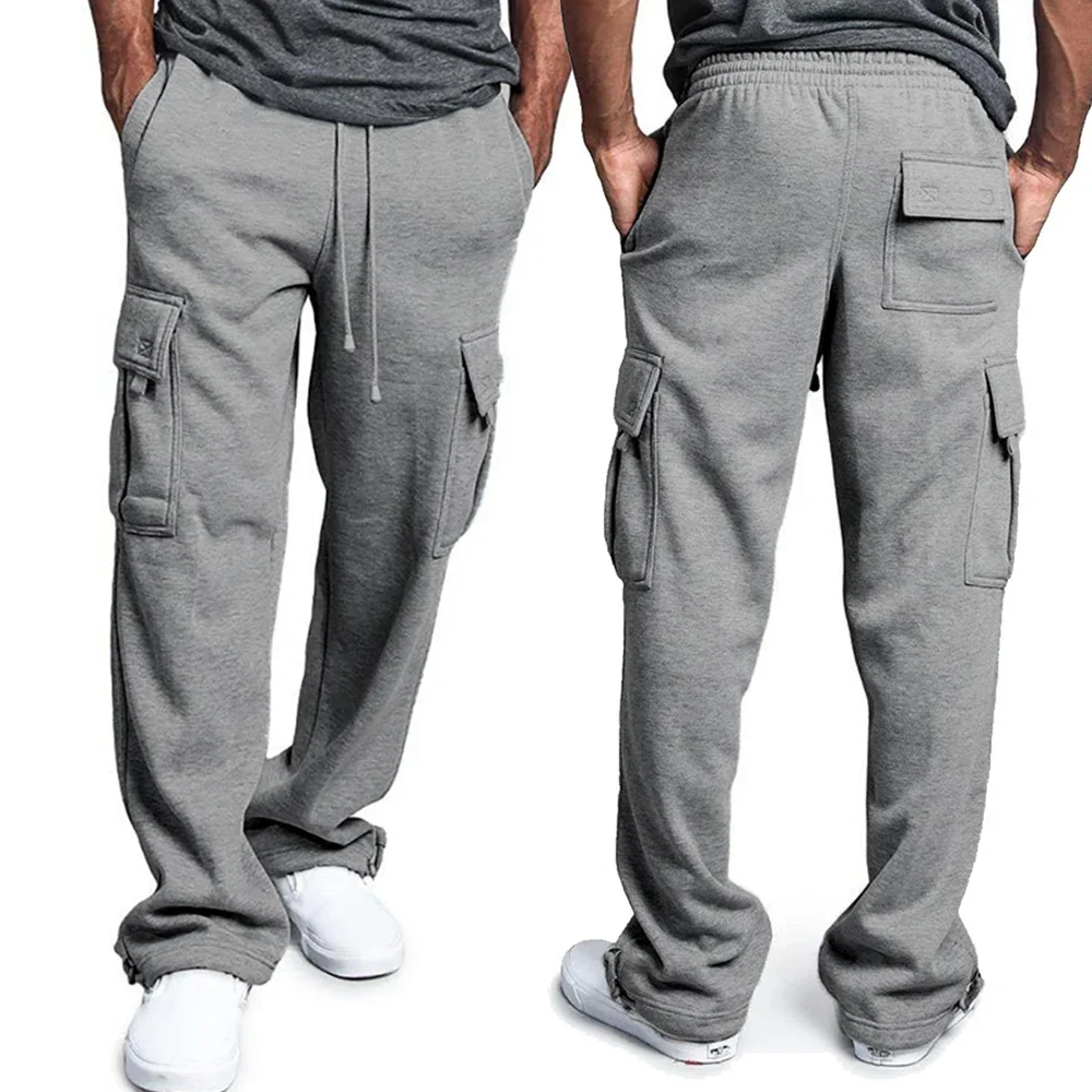 Mens Sweatpants Straight Fit Joggers for Sports and Streetwear Loose Oversized Drawstring Long Pants Men Multi-Pocket Pants