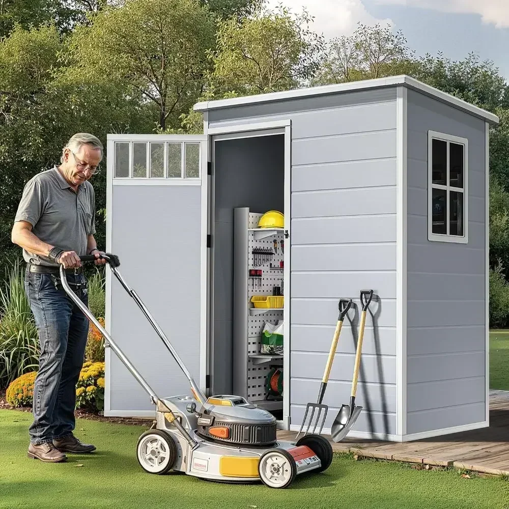 Weather-Resistant Plastic Outdoor Shed with Slanted Roof and Raised Floor for Garden Tools, Ideal for Backyard Storage (Gray, 5x