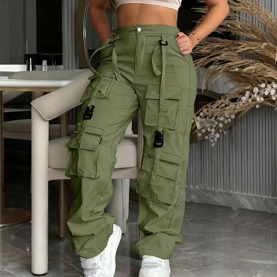 

Vintage Wide Leg Cargo Pants With Multiple Pockets Casual Women Trousers
