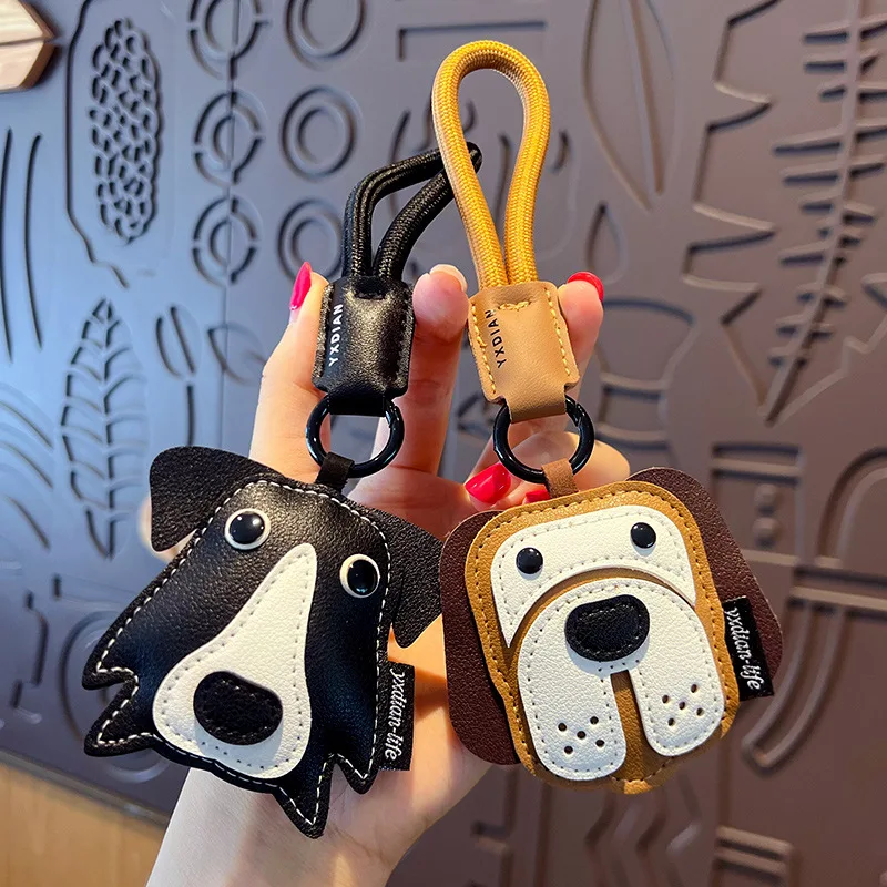 Leather Dog Keychain Cute Bulldog Car Key Holder School Bag Decorations Accessory