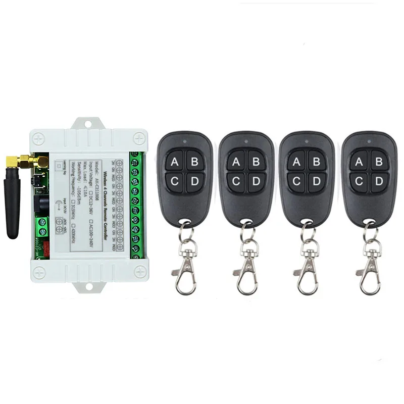 

Универсальный беспроводной пульт дистанционного управления постоянного тока 12 В 24 В 36 В 4 канала 10 А модуль релейного приемника RF переключатель дистанционного управления для открывания ворот гаража