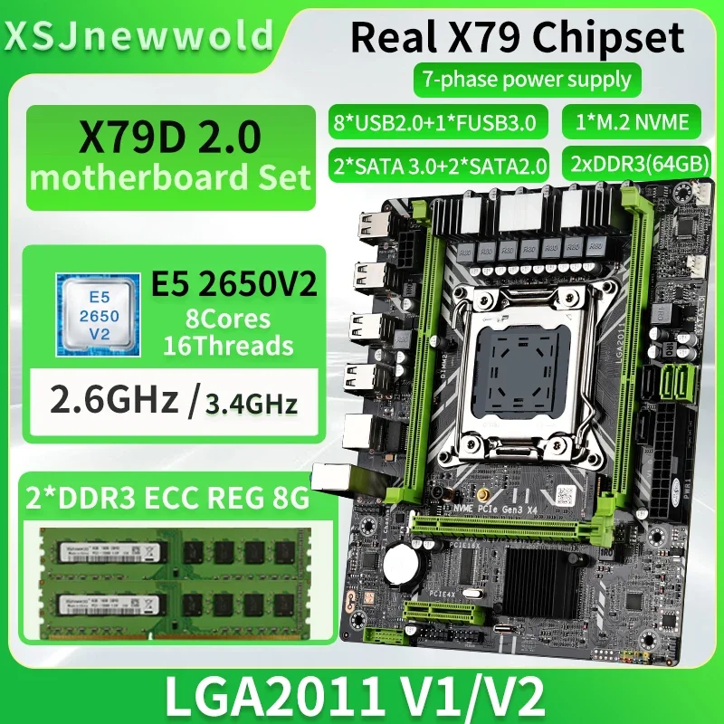 

X79 E5 2650 V2 DDR3 16GB LGA 2011 Intel Xeon Processor With Motherboard Set + 2*8GB 1600MHz RAM Memory Kit placa mãe