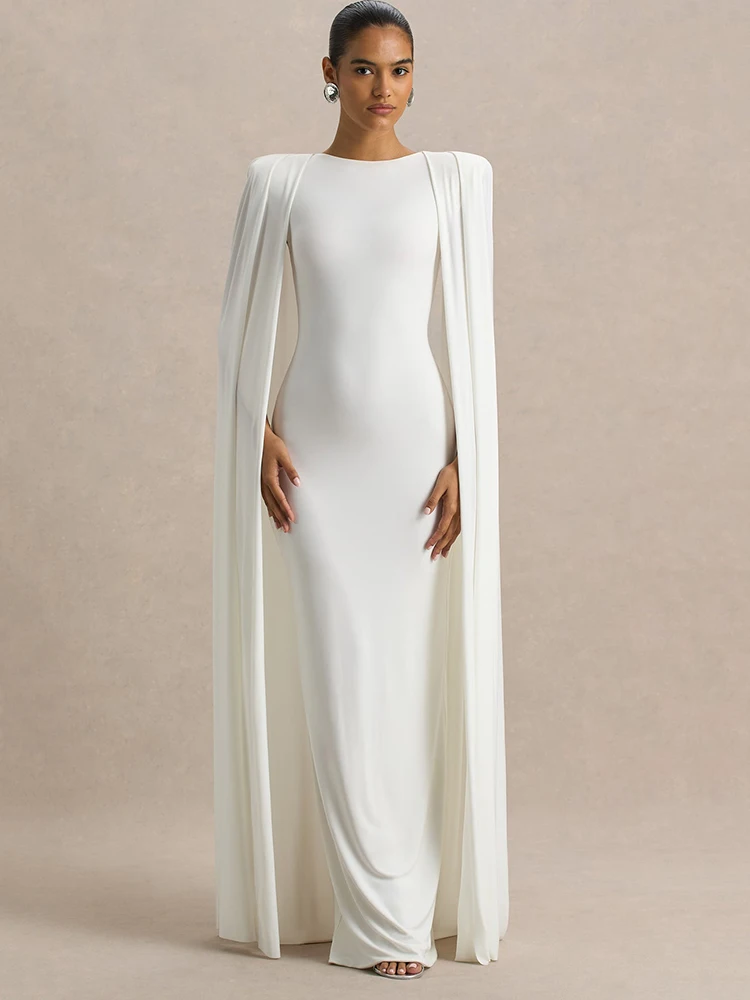 club london evening dresses Mirelle Black Asymmetric-Neck Maxi Dress With Sheer Cape-Sleeve – Club L  London main image 0