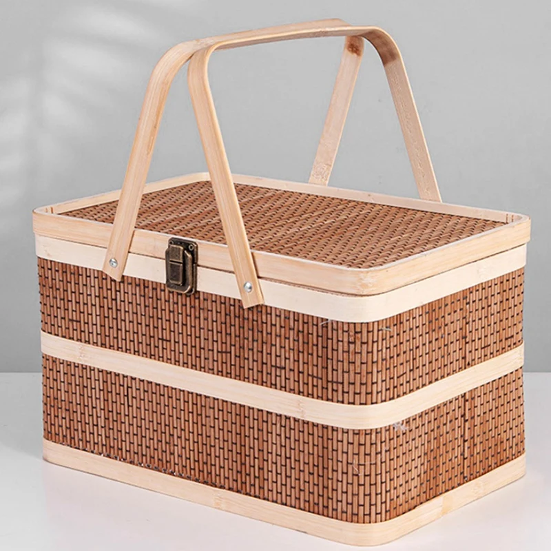 Woven Baskets Bamboo Portable Picnic Fruits Natural Holder Lid Bread Zongzi Organizer Durable Easy To Use