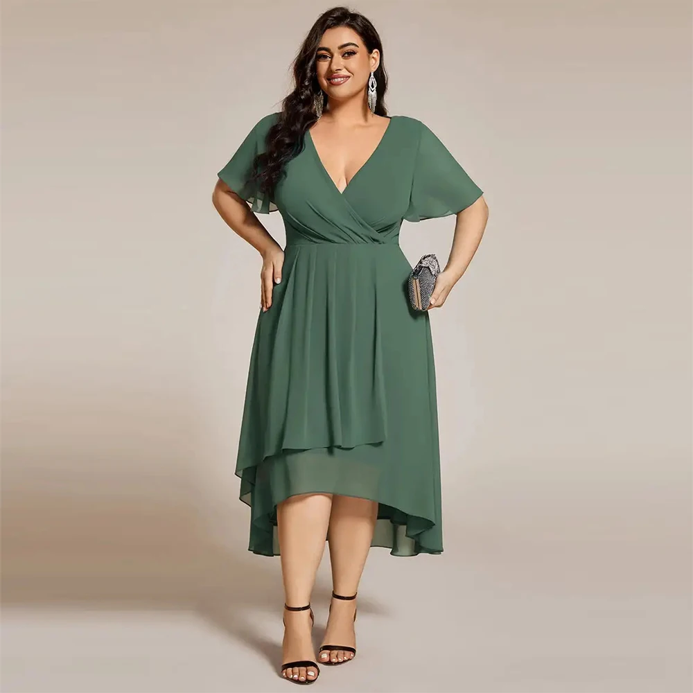 BAZIIINGAAA Party Dress Plus V-Neck Midi Chiffon Wedding Guest Dresses with Ruffles Sleeve Evening dress ﻿