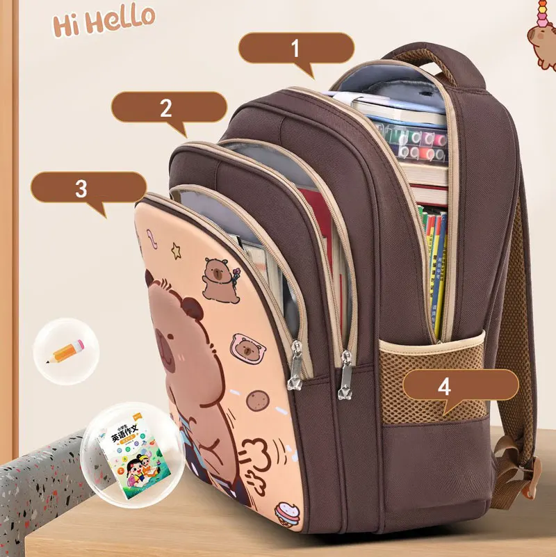 Kawaii حقيبة مدرسية كابيبارا أنيق كاكي حقيبة ظهر للأطفال عادية Daypack المراهقين صبي فتاة حقيبة كتف الأطفال حقيبة مدرسية على ظهره #4