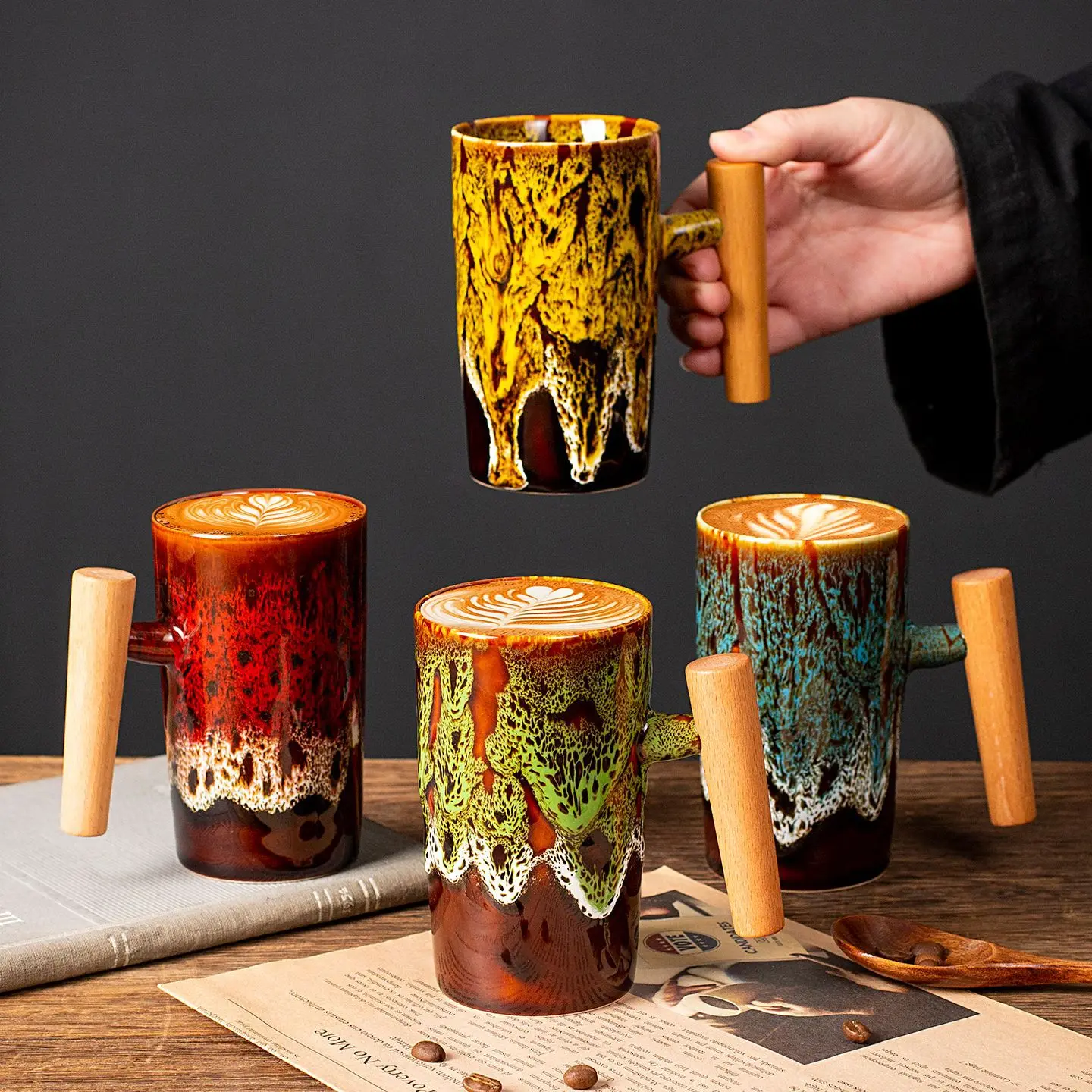 

Vintage Kiln-Transformed Ceramic Mug with Wooden Handle, Unique Gradient Glaze Coffee Cup for Home Office, Eco-Friendly Tea Cup​
