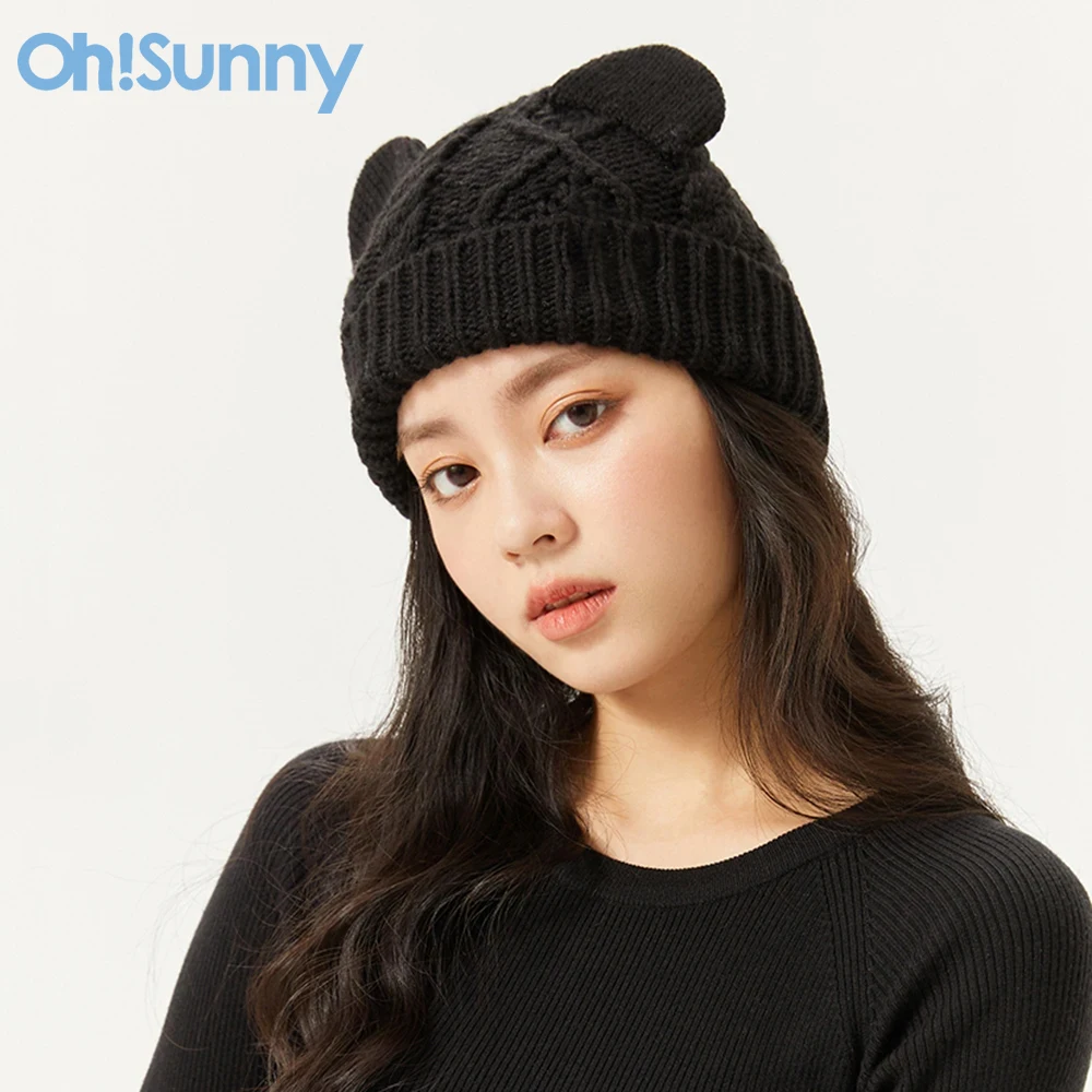 

Oh! Women Wool Knitted Beanies Solid Cute Bear Ears Cashmere Winter Hat Knit Bonnet Autumn Warm Skullies Cycling Cap