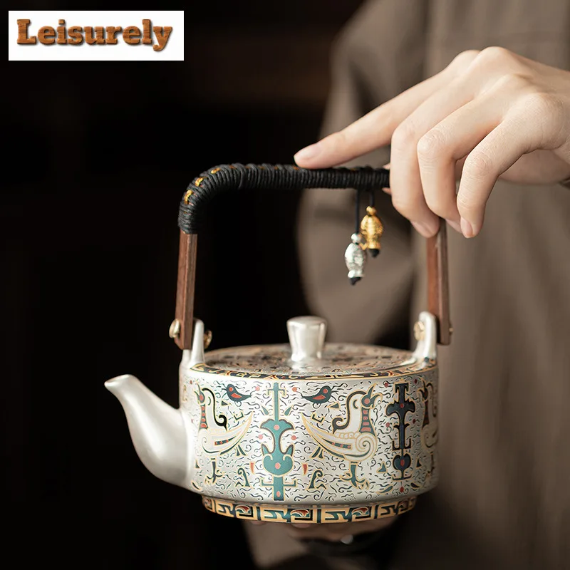 

320ml Gilt Silver Dunhuang Bird Of Destiny Lifting Handle Teapot Zen Tea Infuser Pot Tea Soaking Kettle With Strainer Tea Set