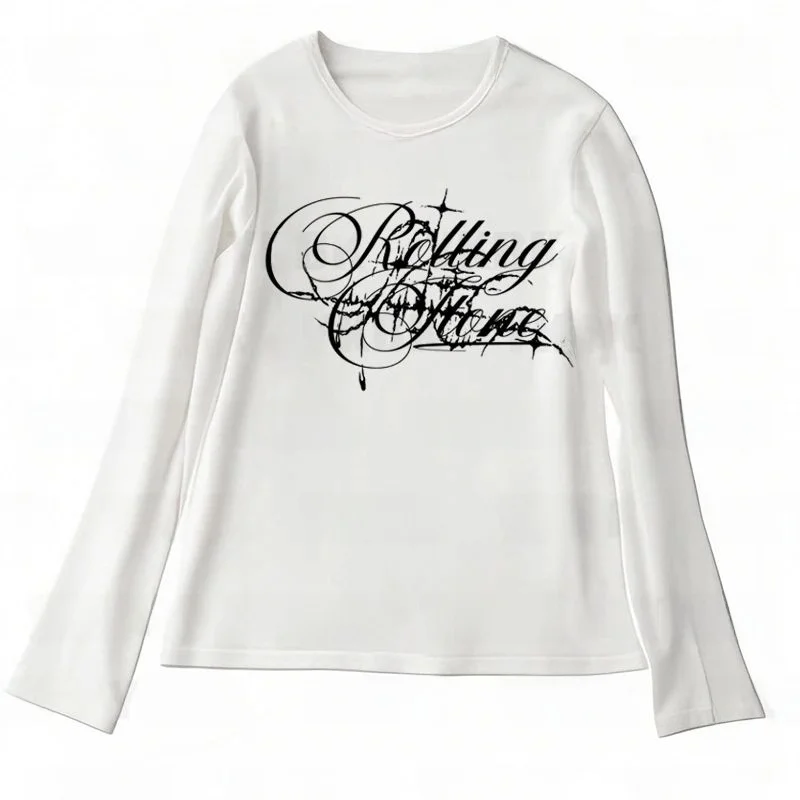 

Gothic Print Long Sve T-irt White Y2K Casual Fit Women's Faion Cleanfit Sle A-Line Sve Other Material 00%