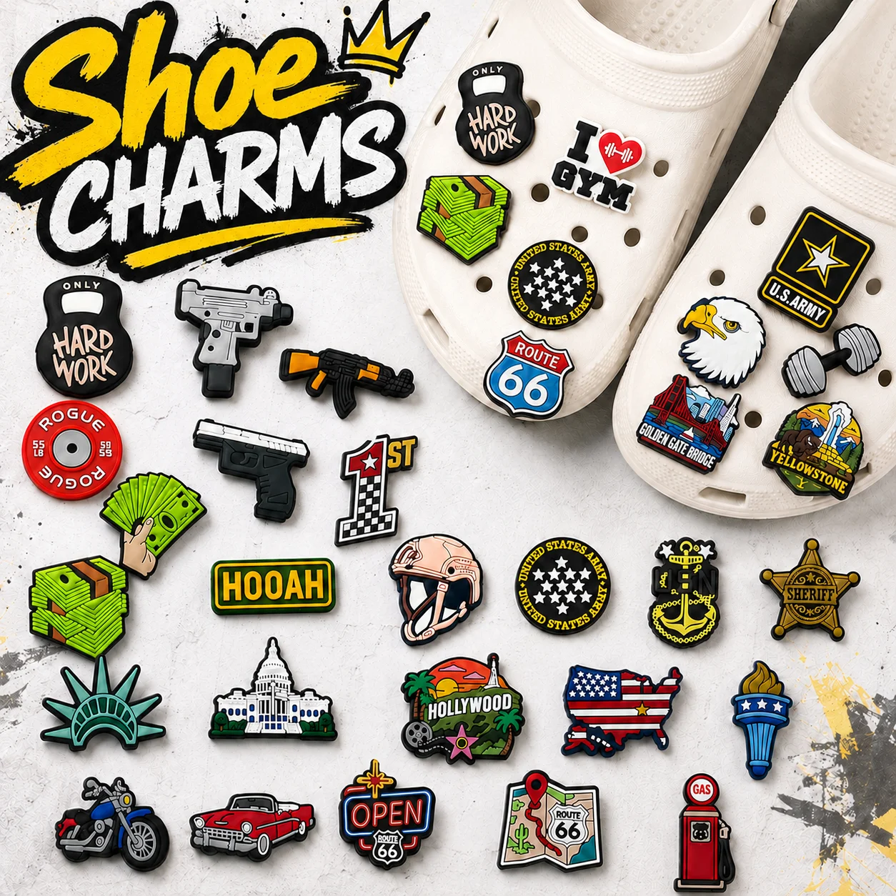 1/30PCS American Style Shoe Charms White House Accessories,Route 66 Pistol Themed Shoe Charms,Gas Station Motorcycle Decoration