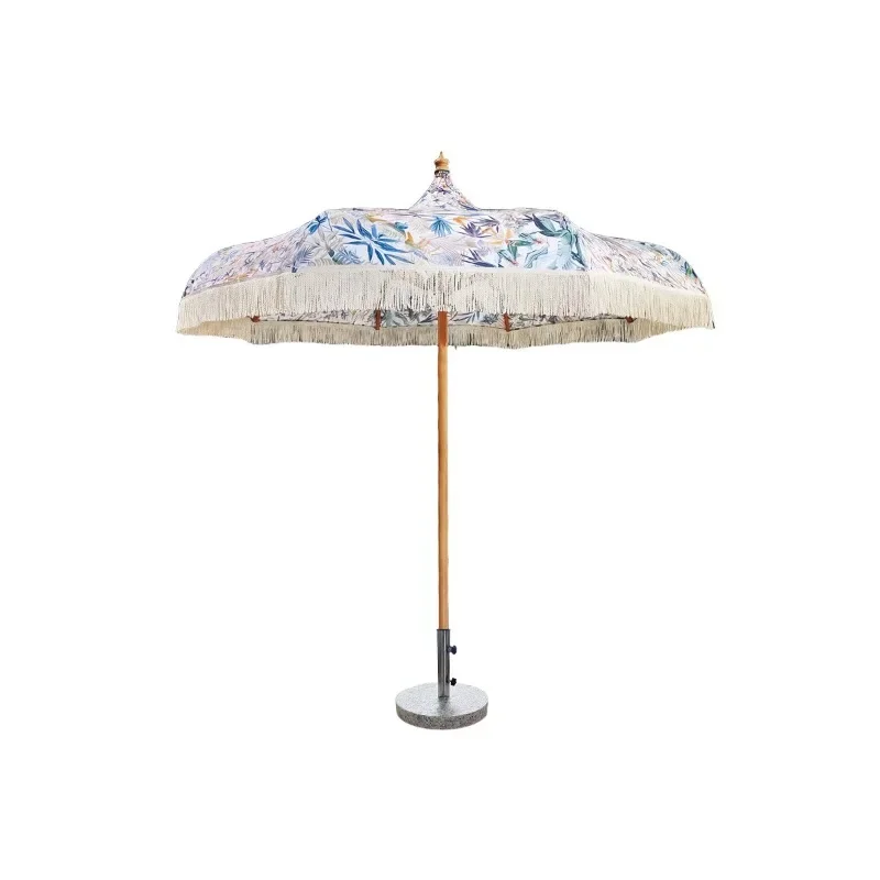 48-Post pointed European umbrella fringed outdoor parasol imitation wood grain luxury central column umbrella