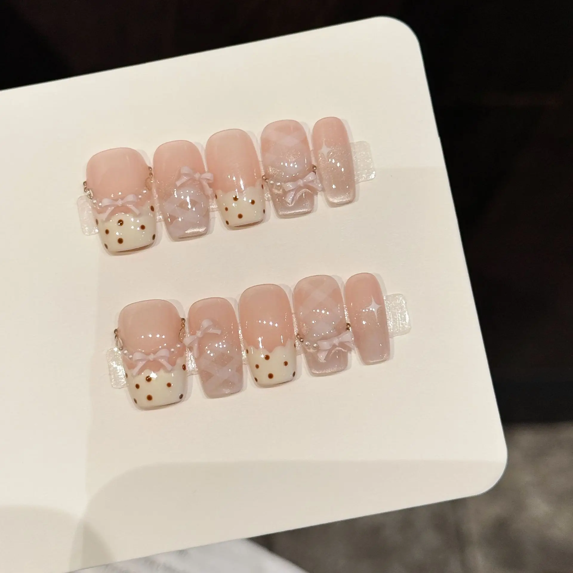 10 PCS Luxury Handmade Press on Nails Short Square Sweet Bow Design with 3-PIECE Tool Adhesive Nail Glue Tabs