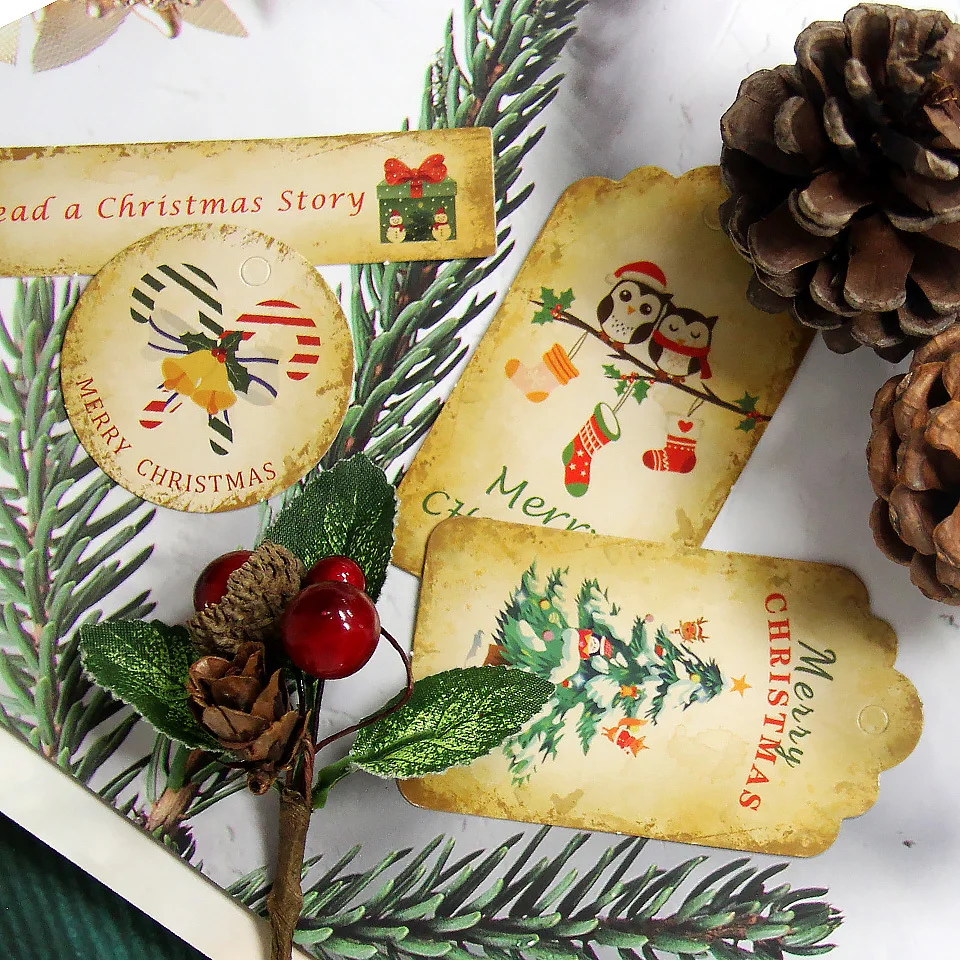 50PCS Christmas Kraft Paper Tags Carton Xmas Tree/Santa Claus Printed Crafts Hanging Labels for Noel Navidad Gifts Wrapping image 5